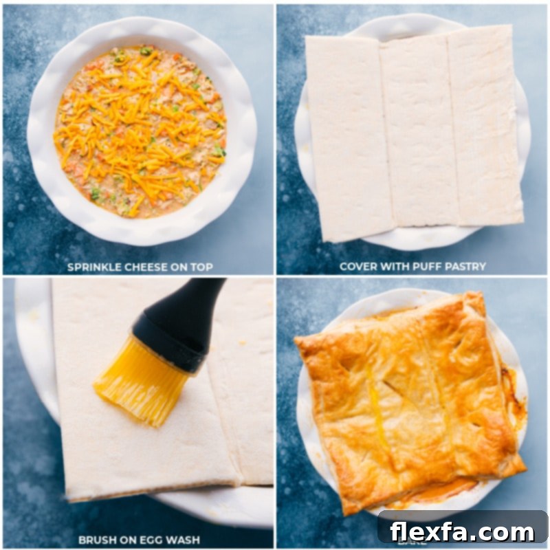 Golden Broccoli Cheddar Pot Pie 3 A perfectly baked Broccoli Cheddar Pot Pie with a golden, puffed-up crust and visible steam, fresh out of the oven.