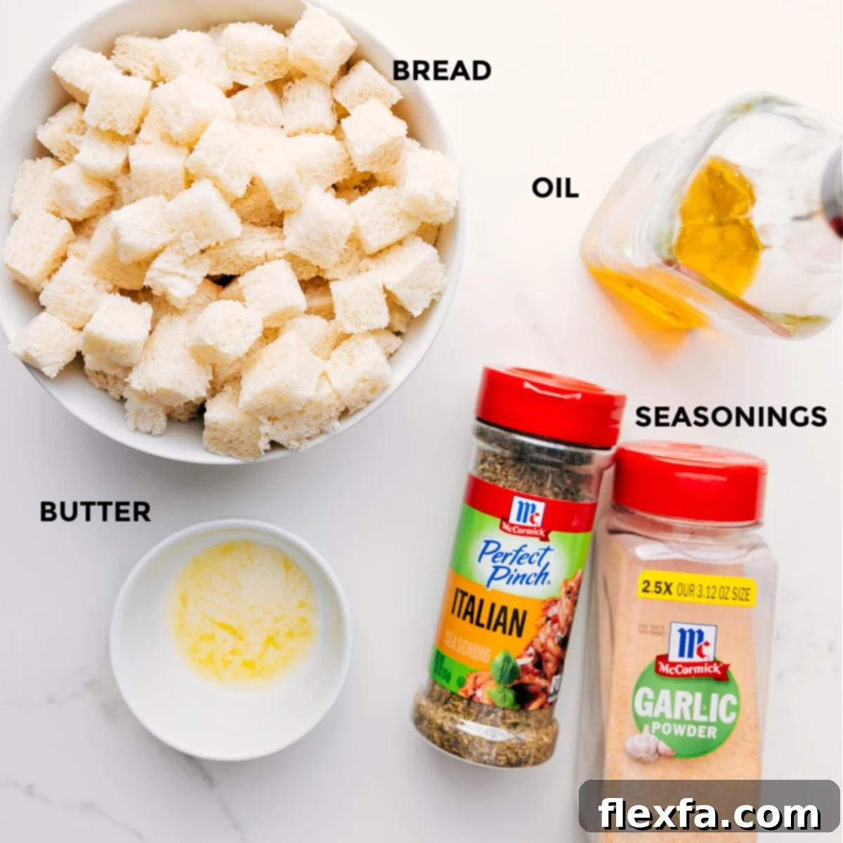 All ingredients prepped for easy assembly, including bread, oil, seasonings, and butter.