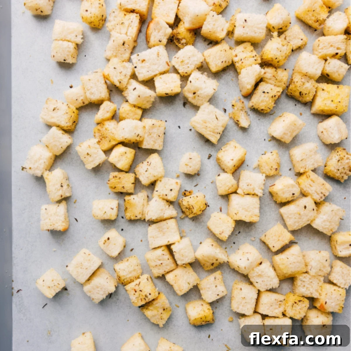 Homemade croutons on a sheet pan, coated in oil and seasonings, ready to be roasted to golden perfection.