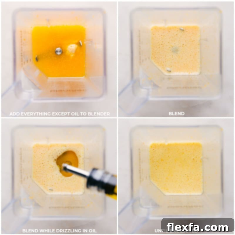 Process shots showing how to make citrus vinaigrette: blending ingredients (except oil) and then slowly drizzling in olive oil