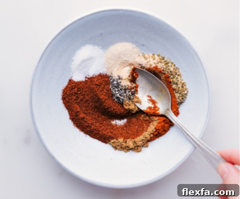 Process shots showing the taco seasoning blend being mixed together in a bowl, ready for use.