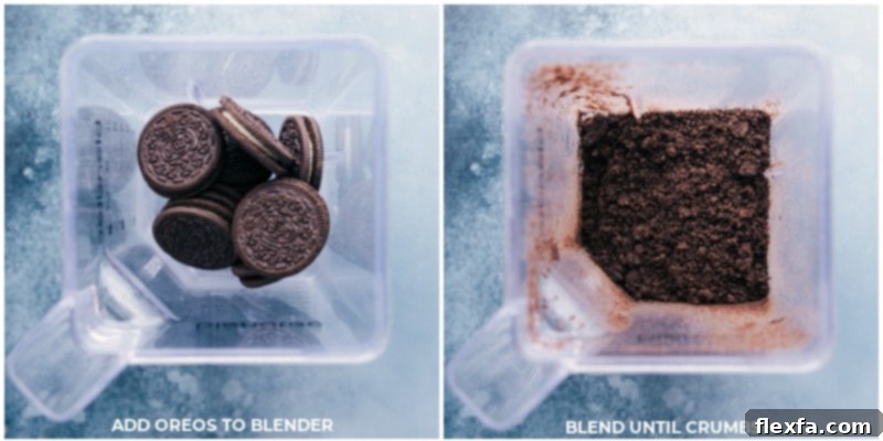 Process shot showing Oreos being blended into fine crumbs in a food processor, a crucial step for perfect Oreo Popcorn texture.