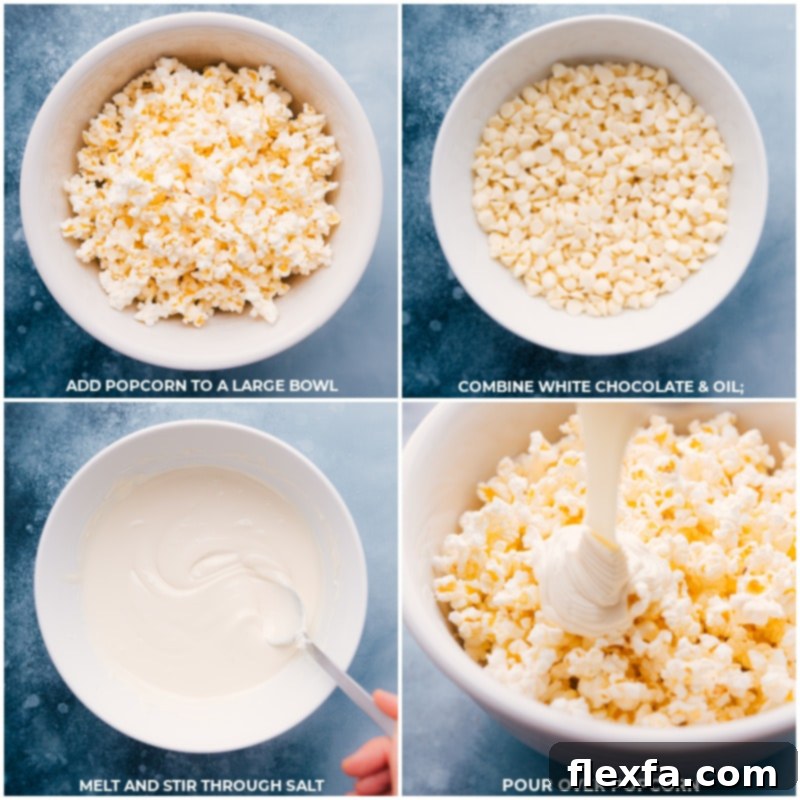 Process shots: Popcorn in a large bowl, white chocolate melting in a bowl, and the melted chocolate being poured over the popcorn.