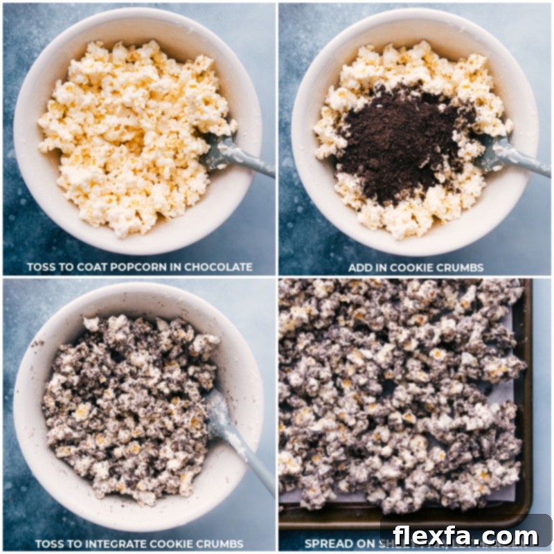 Process shots: Tossing popcorn with chocolate and cookie crumbs, then spreading it on a sheet pan to harden for delicious Oreo Popcorn.