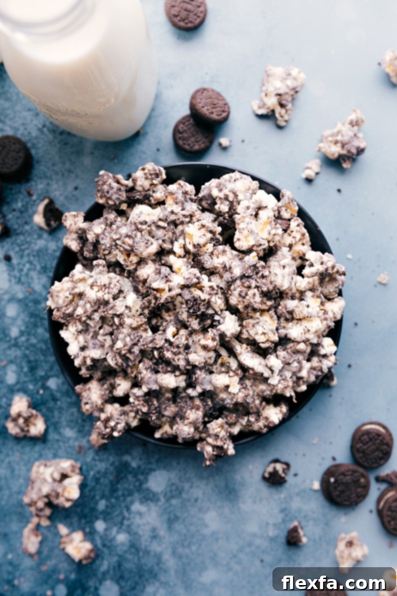 A vibrant bowl of finished Oreo Popcorn, ready to be enjoyed as a sweet and crunchy snack.