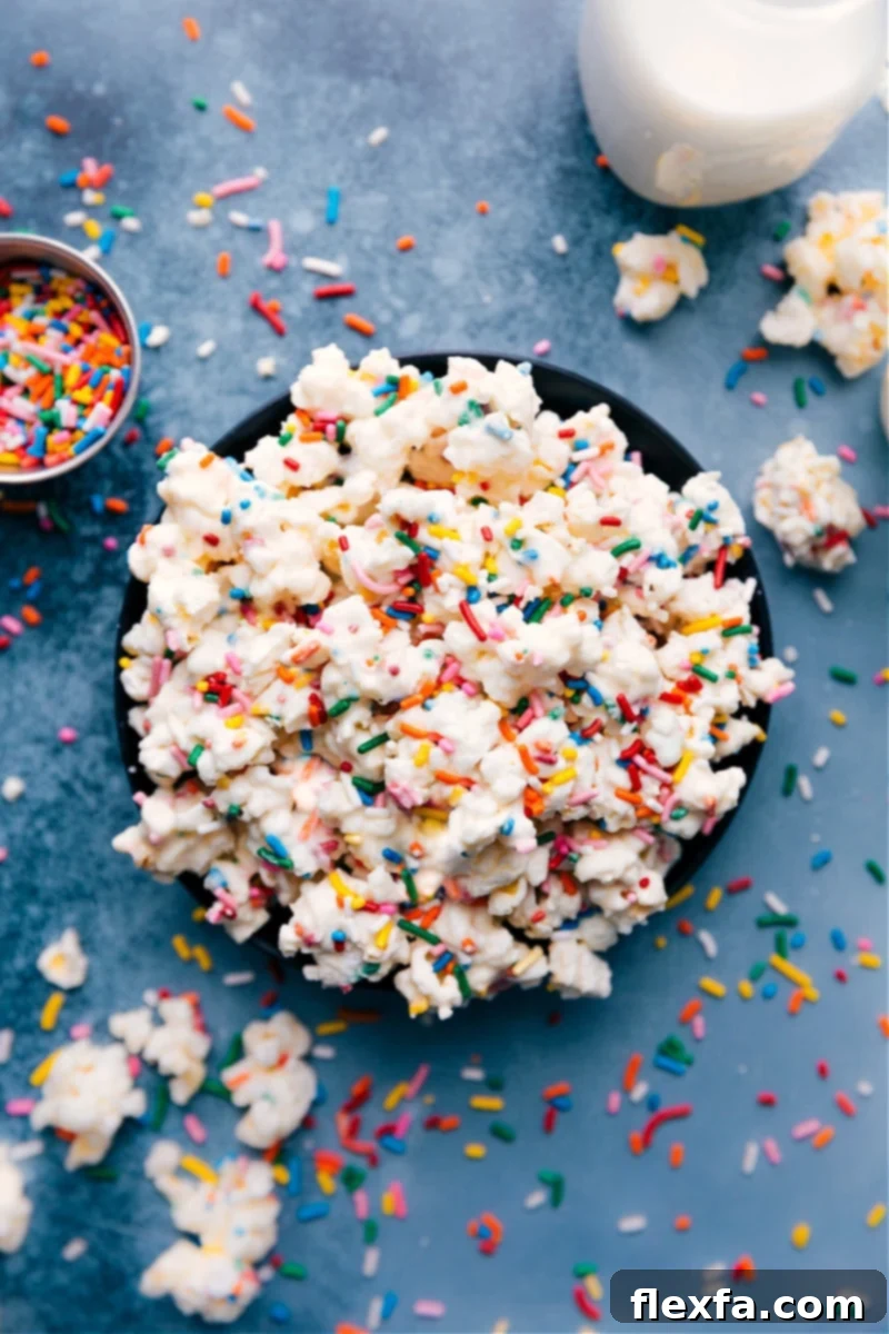Cake Batter Popcorn: Sweet, Crunchy, and Sprinkled with Joy! A gourmet, quick, and easy snack for any movie night or special treat. Delicious Cake Batter Popcorn overflowing from a bowl, sprinkled generously with colorful rainbow sprinkles, hinting at its sweet and crunchy texture.
