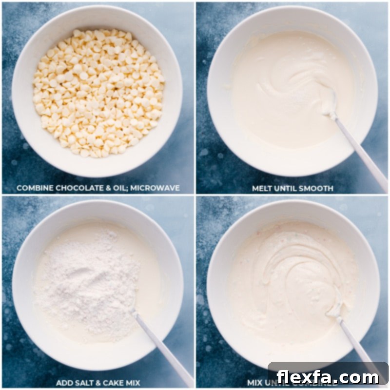 Crafting the perfect Cake Batter Popcorn begins with a creamy white chocolate and cake mix base. Sweet, crunchy, and loaded with sprinkles! Process shots showing melted white chocolate being prepared, with cake mix and salt being added and stirred into a smooth, creamy mixture.