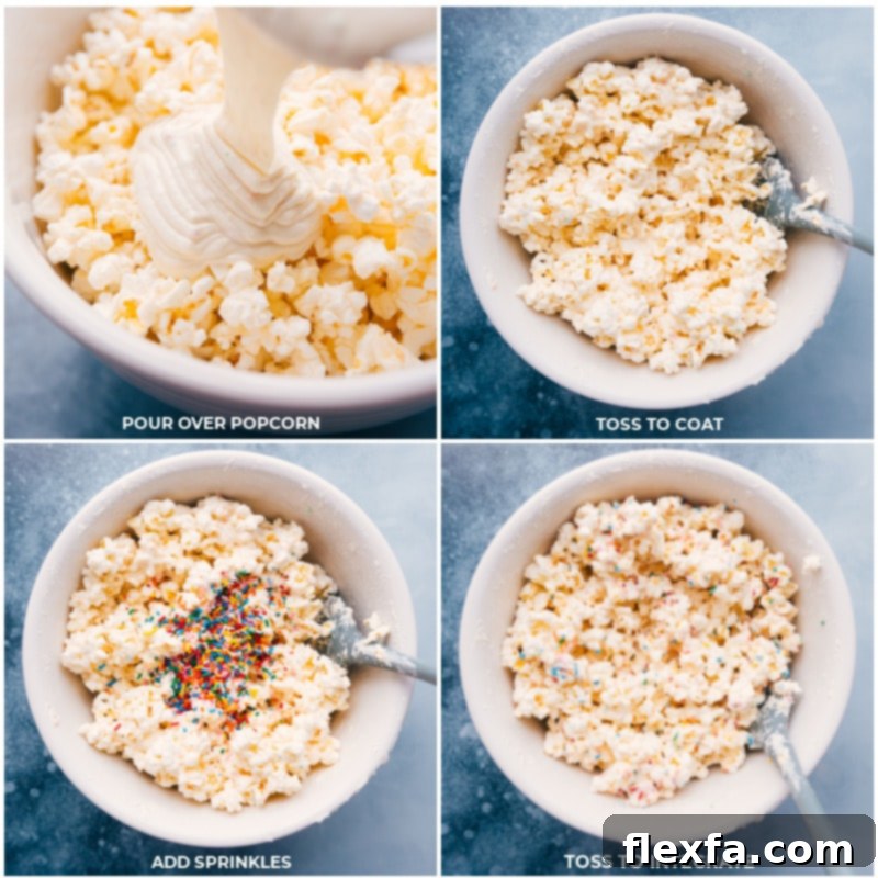 The joyous final steps: coating popcorn with cake batter-infused chocolate and generous sprinkles for an irresistible Cake Batter Popcorn treat. Process shots illustrating the final steps of making Cake Batter Popcorn: melted chocolate mixture being poured over popcorn, followed by a shower of colorful sprinkles, and everything gently tossed together to create a delightful coating.