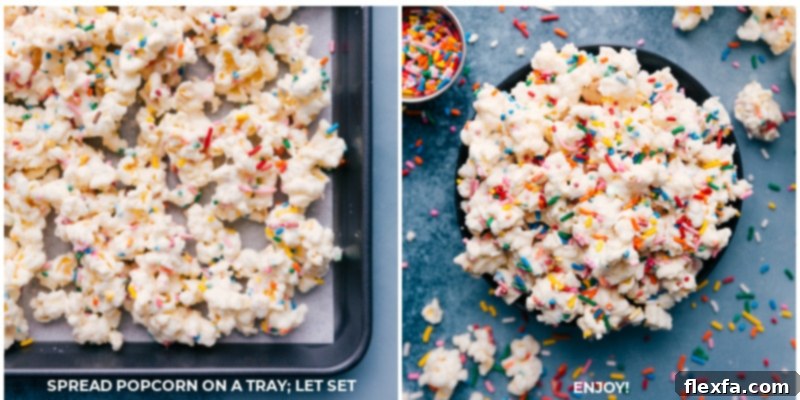 Enjoy this delightful Cake Batter Popcorn, coated in melted chocolate and cake mix, making it an irresistible sweet snack! A generous serving of Cake Batter Popcorn displayed on a rustic wooden tray and nestled in a colorful serving bowl, ready to be enjoyed.