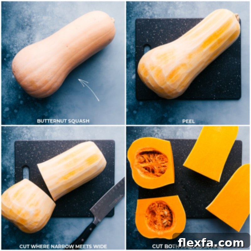 Roasted Butternut Squash is simply the best! With beautifully caramelized exteriors and tender sweet interiors, you'll be hooked after one bite! This post shares how to find the perfect squash, how to prepare it three different ways, and how to store/reheat it later! Recipe via ChelseasMessyApron #dinner #quick #easy #simple #side #best #thanksgiving #seasoned #clean #cleaneating #fresh #whole #roasted #butternut #squash Process shots of preparing butternut squash, showing peeling and cutting steps