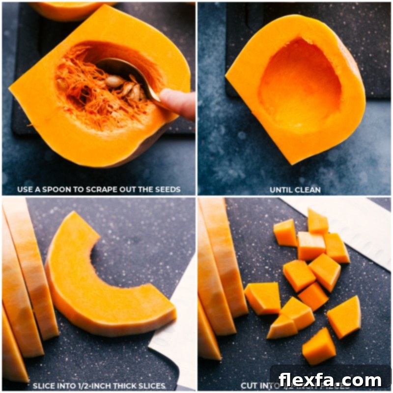 Roasted Butternut Squash is simply the best! With beautifully caramelized exteriors and tender sweet interiors, you'll be hooked after one bite! This post shares how to find the perfect squash, how to prepare it three different ways, and how to store/reheat it later! Recipe via ChelseasMessyApron #dinner #quick #easy #simple #side #best #thanksgiving #seasoned #clean #cleaneating #fresh #whole #roasted #butternut #squash Process shots of butternut squash preparation, showing seeds being scraped out and then chopped into cubes