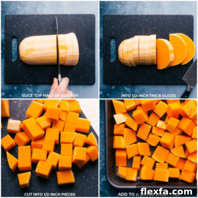 Roasted Butternut Squash is simply the best! With beautifully caramelized exteriors and tender sweet interiors, you'll be hooked after one bite! This post shares how to find the perfect squash, how to prepare it three different ways, and how to store/reheat it later! Recipe via ChelseasMessyApron #dinner #quick #easy #simple #side #best #thanksgiving #seasoned #clean #cleaneating #fresh #whole #roasted #butternut #squash Process shots showing butternut squash being chopped into even cubes and spread on a prepared sheet pan