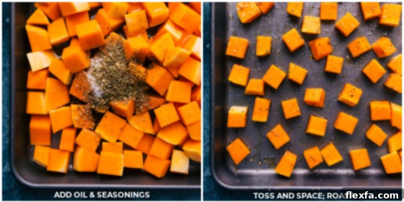Roasted Butternut Squash is simply the best! With beautifully caramelized exteriors and tender sweet interiors, you'll be hooked after one bite! This post shares how to find the perfect squash, how to prepare it three different ways, and how to store/reheat it later! Recipe via ChelseasMessyApron #dinner #quick #easy #simple #side #best #thanksgiving #seasoned #clean #cleaneating #fresh #whole #roasted #butternut #squash Process shots of roasted butternut squash, showing seasonings being added and tossed together on a sheet pan