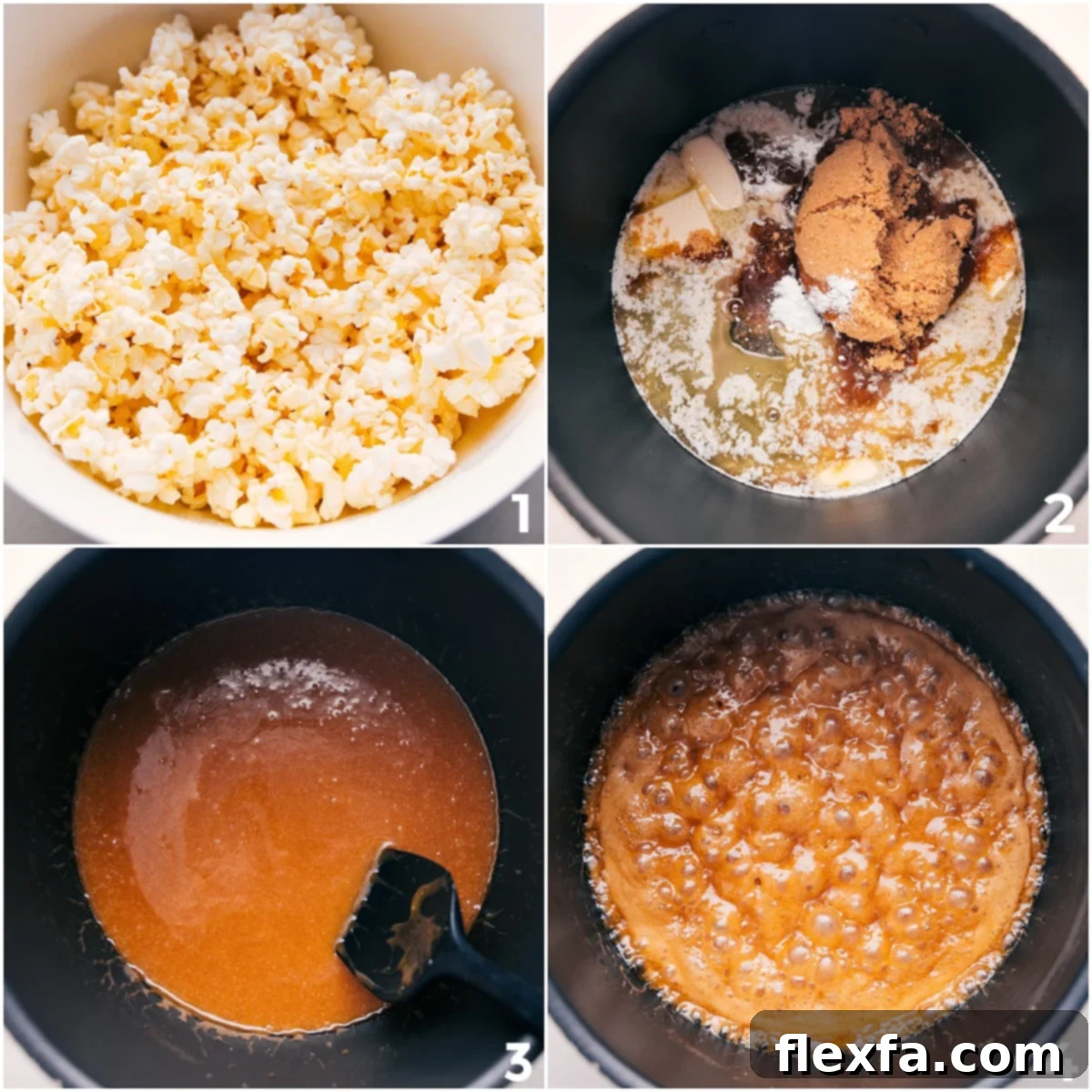 The process of making caramel corn begins with popcorn popping in the background while a rich caramel coating is prepared by whisking butter, sugar, and corn syrup in a saucepan, brought to a boil.