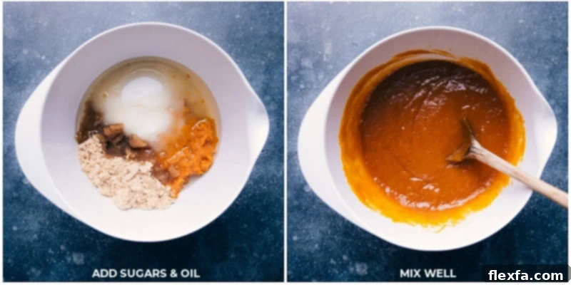 A close-up shot of granulated sugar and melted oil being poured into a bowl with pumpkin puree, followed by gentle stirring to combine the wet ingredients for the muffin batter.