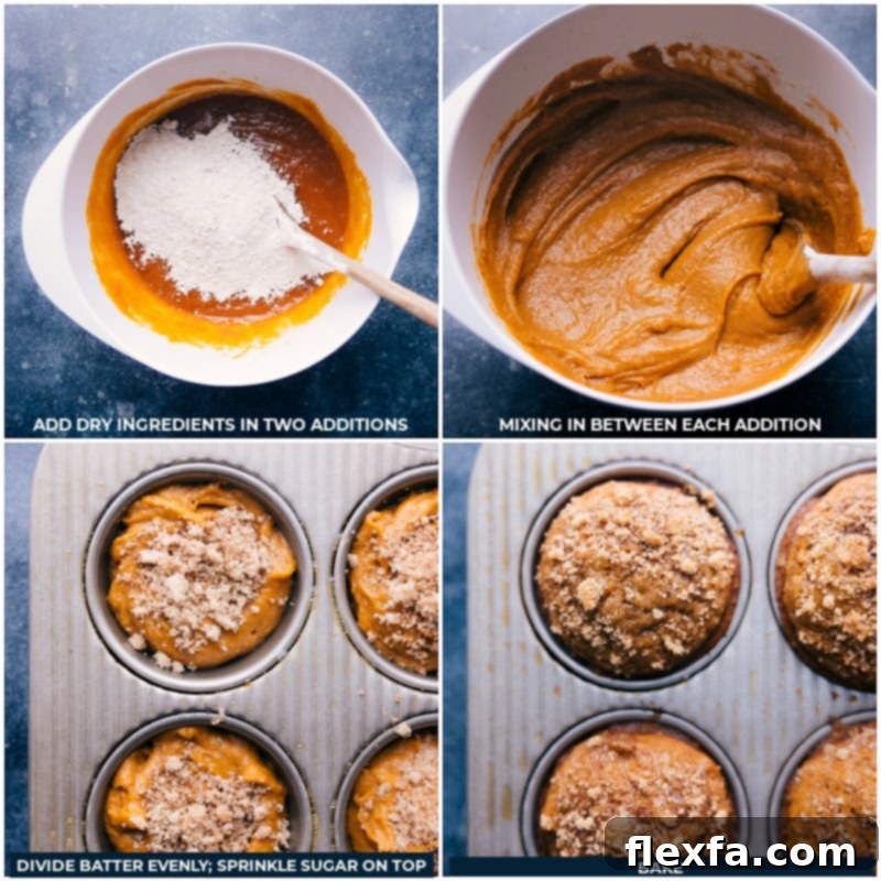 Various scoops of pumpkin muffin batter neatly portioned into a prepared muffin pan, showcasing the readiness for baking.