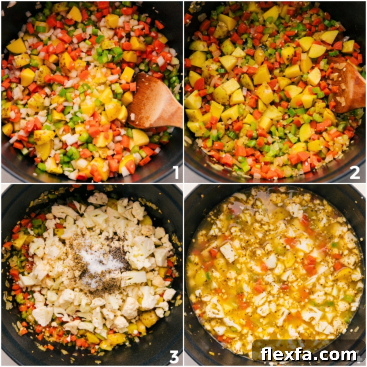 A large pot on the stovetop filled with an array of colorful, chopped vegetables like carrots, celery, onions, and cauliflower, simmering gently in a savory broth with herbs and spices.