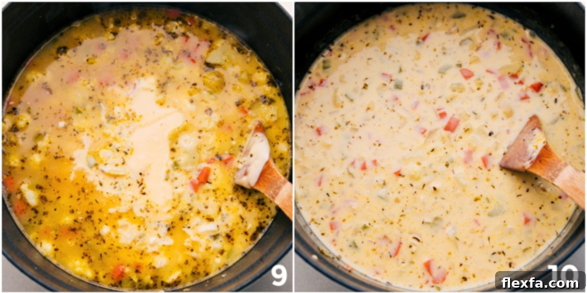 The final stage of creamy cauliflower soup preparation, with the luscious cheese sauce being thoroughly incorporated into the pot of tender vegetables, creating a perfectly blended and smooth consistency.