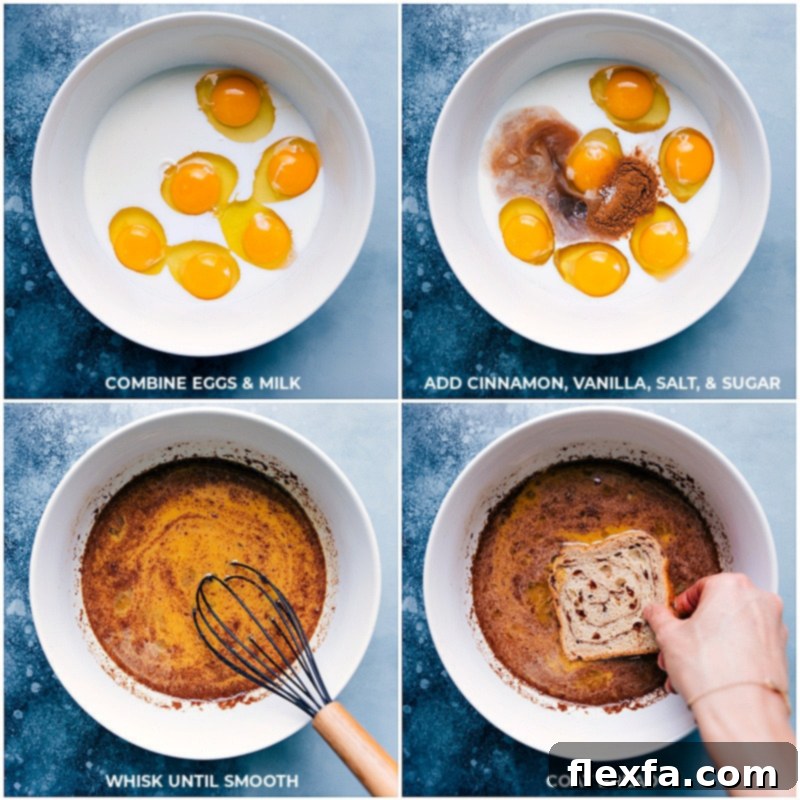 Step-by-step process of making French toast: a bowl with the whisked egg custard mixture and thick slices of bread being dipped, ready for cooking on the griddle.