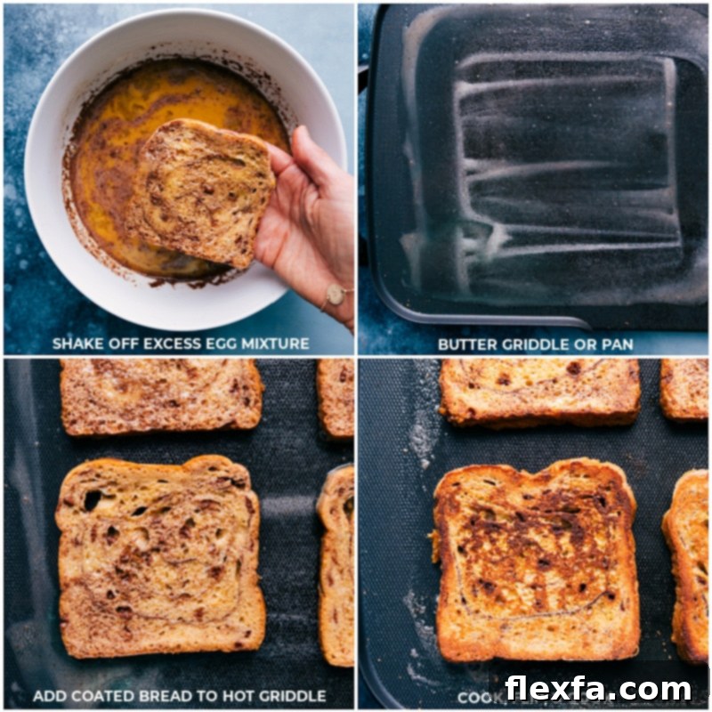Process shot of French toast cooking on a hot griddle, turning golden brown and crispy. Several slices are spread out evenly on the surface.