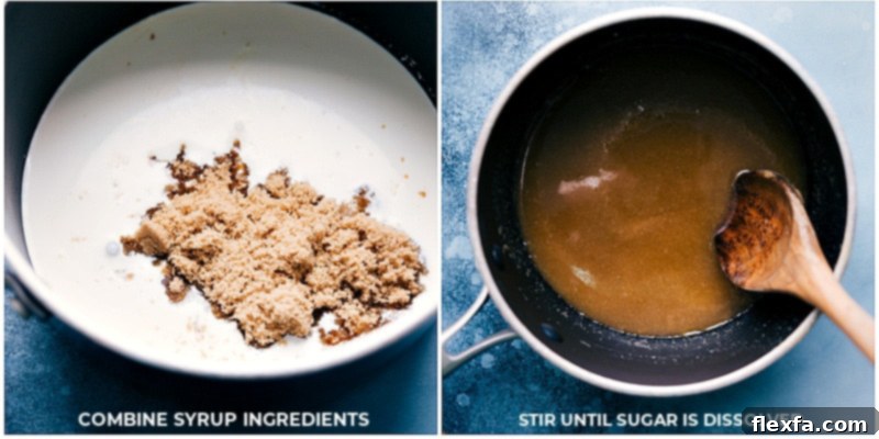 Process shot of making caramel syrup in a saucepan on the stovetop. The ingredients are bubbling gently, creating a rich, golden-brown liquid.