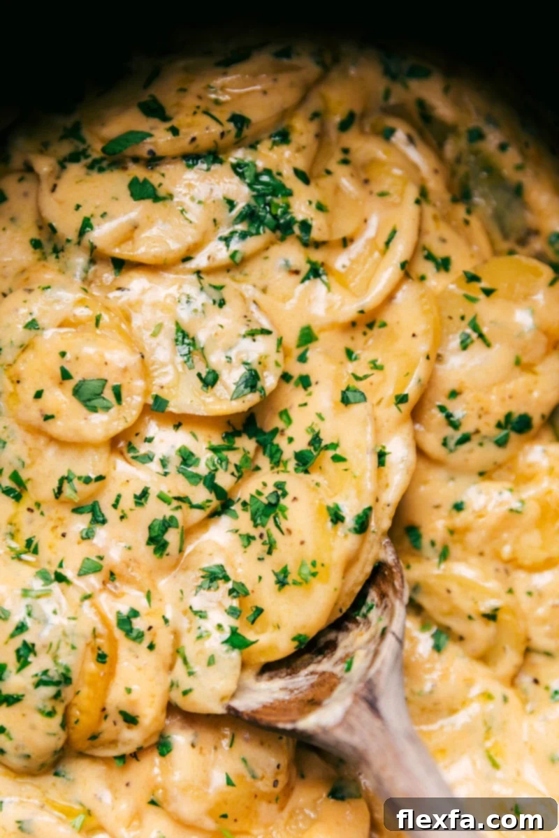 Crockpot Au Gratin Potatoes: The Ultimate Cheesy Comfort Food Side Dish. Thinly sliced potatoes in a rich, cheesy cream sauce, slow-cooked to tender perfection. Ideal for saving oven space during holidays or keeping your kitchen cool in summer. Recipe via chelseasmessyapron #dinner #quick #easy #simple #healthy #best #thanksgiving #familyfriendly #crockpot #augratin #potatoes Overhead image of the Crockpot Au Gratin Potatoes, perfectly golden and creamy
