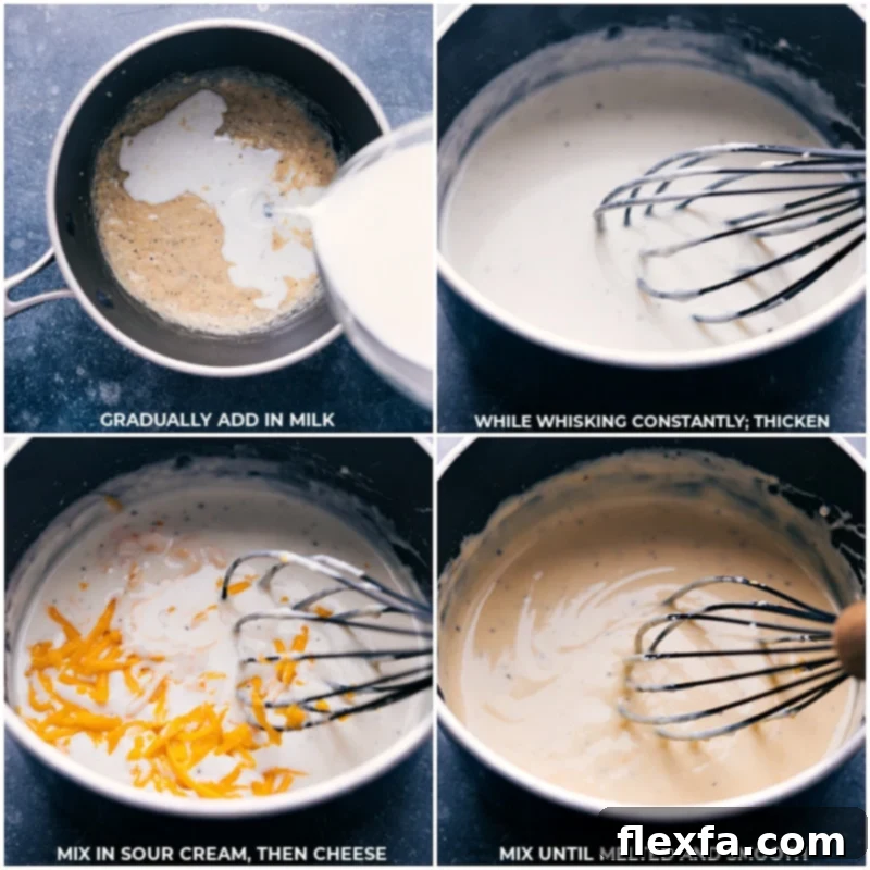 Building the luscious cheese sauce for Crockpot Au Gratin Potatoes: images illustrate milk, sour cream, and freshly shredded cheese being melted together to create an ultra-cheesy, tender, slow-cooked dish. Recipe via chelseasmessyapron #dinner #quick #easy #simple #healthy #best #thanksgiving #familyfriendly #crockpot #augratin #potatoes Process shots of Crockpot Au Gratin Potatoes, showing milk, sour cream, and cheese melting into the sauce