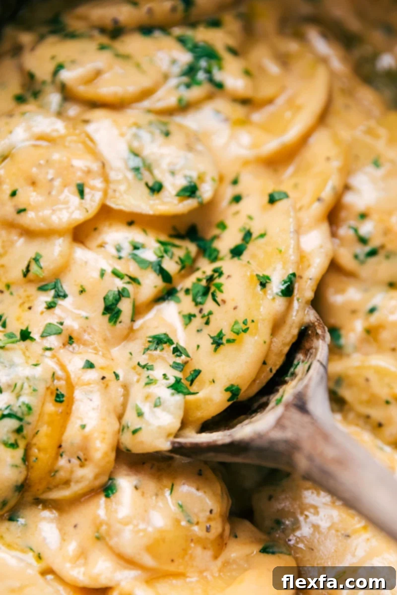 Crockpot Au Gratin Potatoes, ready for a delicious spoonful. This is pure comfort food at its best! Recipe via chelseasmessyapron #dinner #quick #easy #simple #healthy #best #thanksgiving #familyfriendly #crockpot #augratin #potatoes Up-close image of the dish in a bowl, ready to be enjoyed, showcasing its creamy texture
