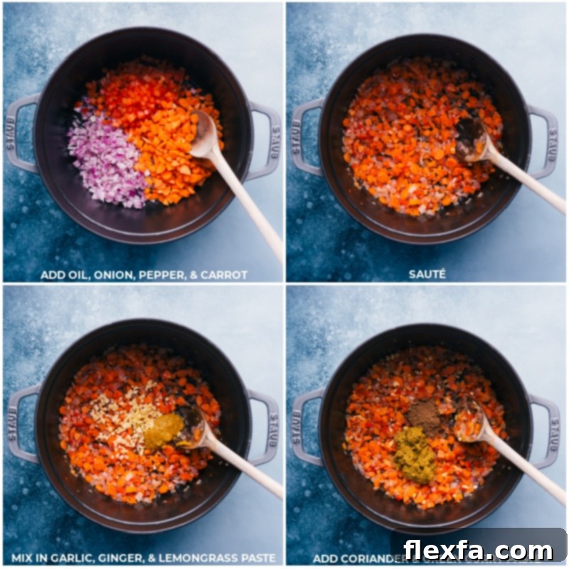 Step-by-step images showing coconut oil, onion, bell pepper, carrot, garlic, ginger, lemongrass paste, coriander, and green curry paste being added to a pot for Vegetarian Thai Green Curry.