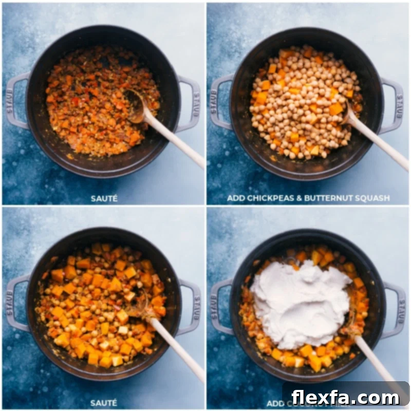 Process shots of Vegetarian Thai Green Curry showing chickpeas, tender butternut squash, and creamy coconut milk being added to the pot.