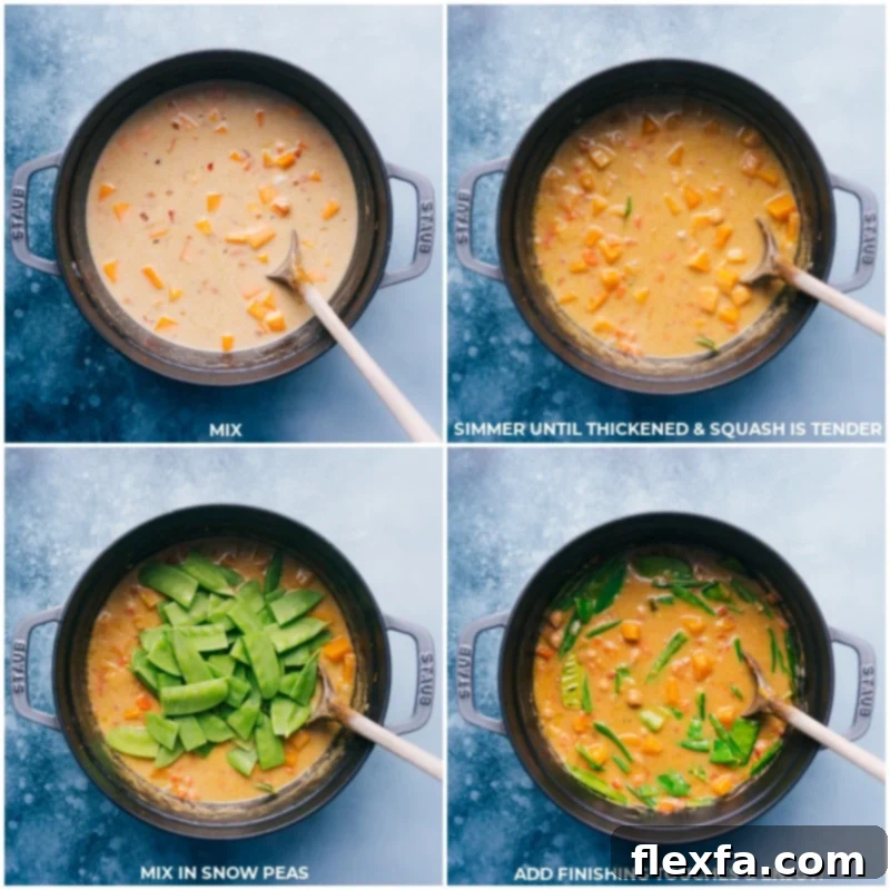 Process shots of Vegetarian Thai Green Curry simmering to perfection, with fresh snow peas being stirred in at the final stage for a tender-crisp texture.