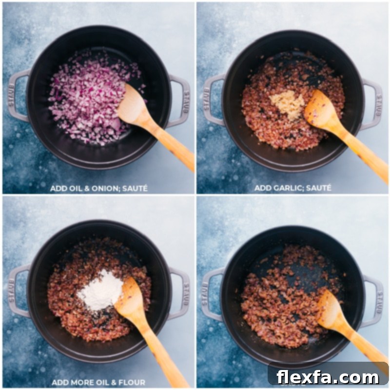 Try this quick 30-minute Mexican-inspired recipe, Pozole, complete with hominy, pulled pork, and loads of delicious toppings! While an authentic pozole can take several hours to make, this recipe can be on the table in 30 minutes or less! Recipe via ChelseasMessyApron #dinner #quick #easy #simple #best #clean #mexican #tortilla #beans #avocado #cilantro #lime #pozole Process shots of sautéing onion, garlic, oil, and flour in a large pot for the Pozole broth.