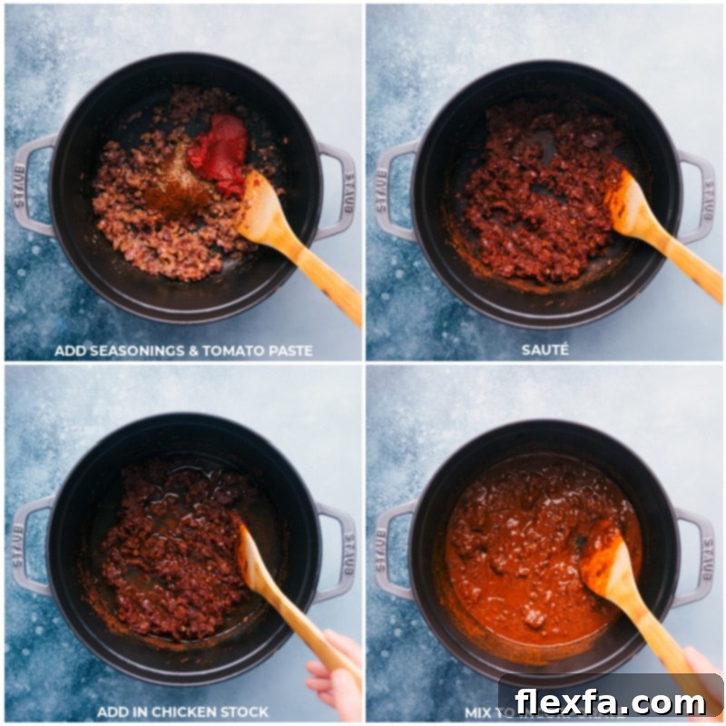 A quick 30-minute Mexican-inspired recipe, Try this quick 30-minute Mexican-inspired recipe, Pozole, complete with hominy, pulled pork, and loads of delicious toppings! Recipe via ChelseasMessyApron #dinner #quick #easy #simple #best #clean #mexican #tortilla #beans #avocado #cilantro #lime #pozole Process shots of adding seasonings, tomato paste, and chicken stock to the pot and mixing them to create the pozole base.