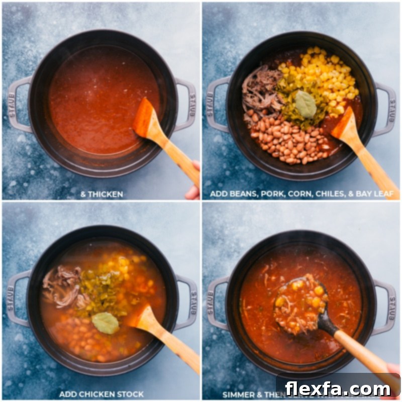 A quick 30-minute Mexican-inspired recipe, Pozole! While an authentic pozole can take a couple of hours to make, this recipe can be on the table in 30 minutes or less! Recipe via ChelseasMessyApron #dinner #quick #easy #simple #best #clean #mexican #tortilla #beans #avocado #cilantro #lime #pozole Process shots of adding hominy, beans, pre-cooked pork, green chiles, and bay leaf to the simmering broth.