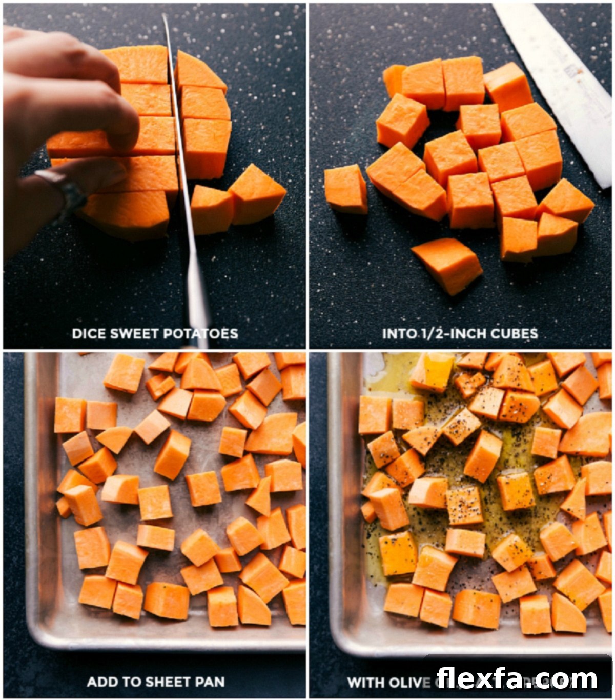 Close-up shot of chopped sweet potatoes being roasted on a baking sheet, seasoned with olive oil, salt, and pepper, for the Fall Harvest Salad recipe.