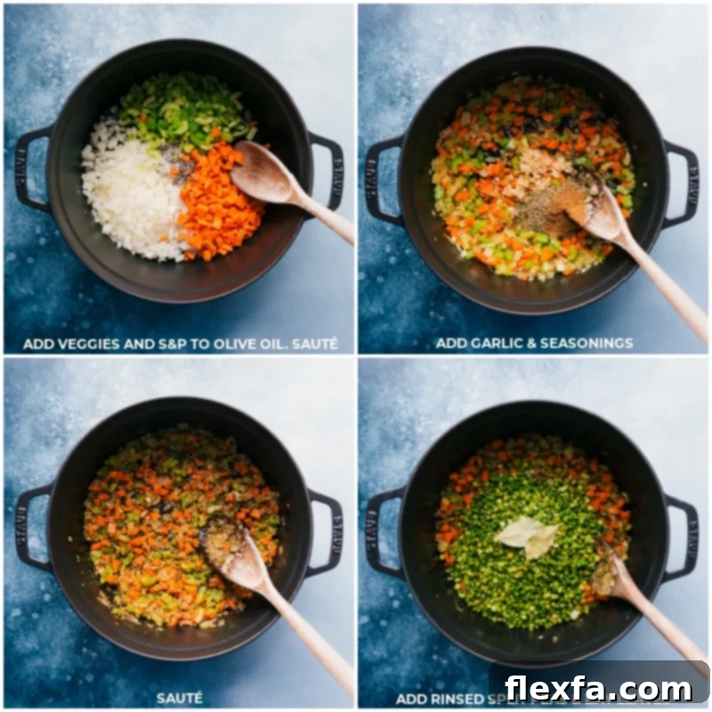 Step-by-step images showing vegetables being sautéed and green split peas and bay leaves added to the pot for the soup