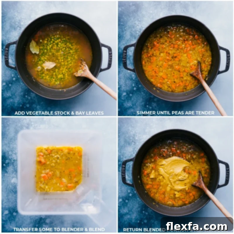 Process images showing vegetable stock being added, the soup simmering, and a portion of the soup being blended for a smooth texture