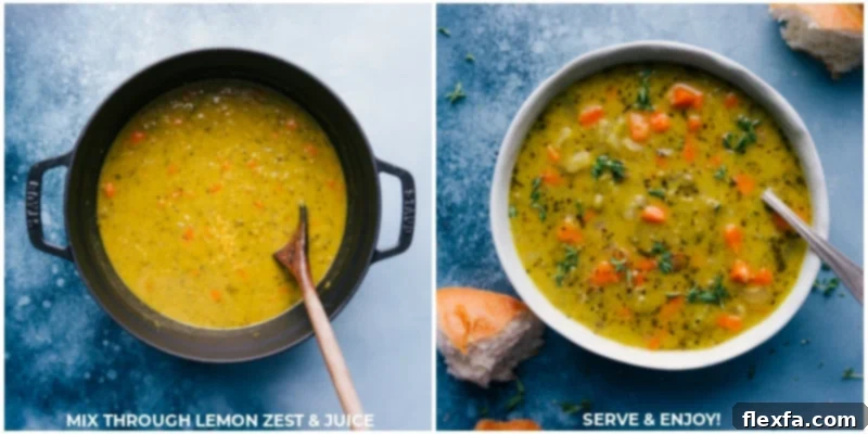 Process shots of Vegetarian Split Pea soup: fresh lemon juice and zest being added, and then the finished soup being served in a bowl