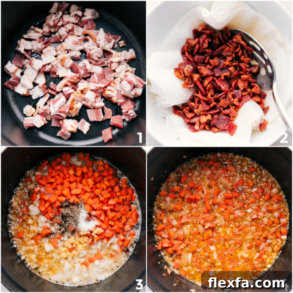 Crispy diced bacon in a large pot, with sautéed onions, carrots, and garlic alongside, forming the flavorful base of the chowder.