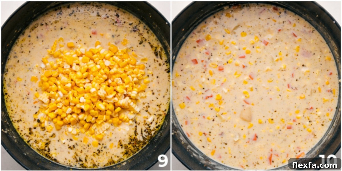 Adding fresh corn kernels directly from the cob into the simmering corn chowder, ready to be incorporated.