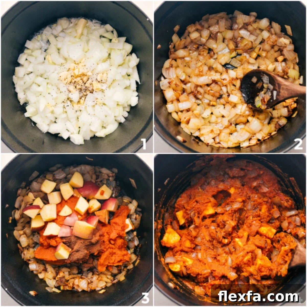 The initial steps of making this one-pot pumpkin soup: sautéing the onions and garlic, then adding apples, pumpkin, and spices.