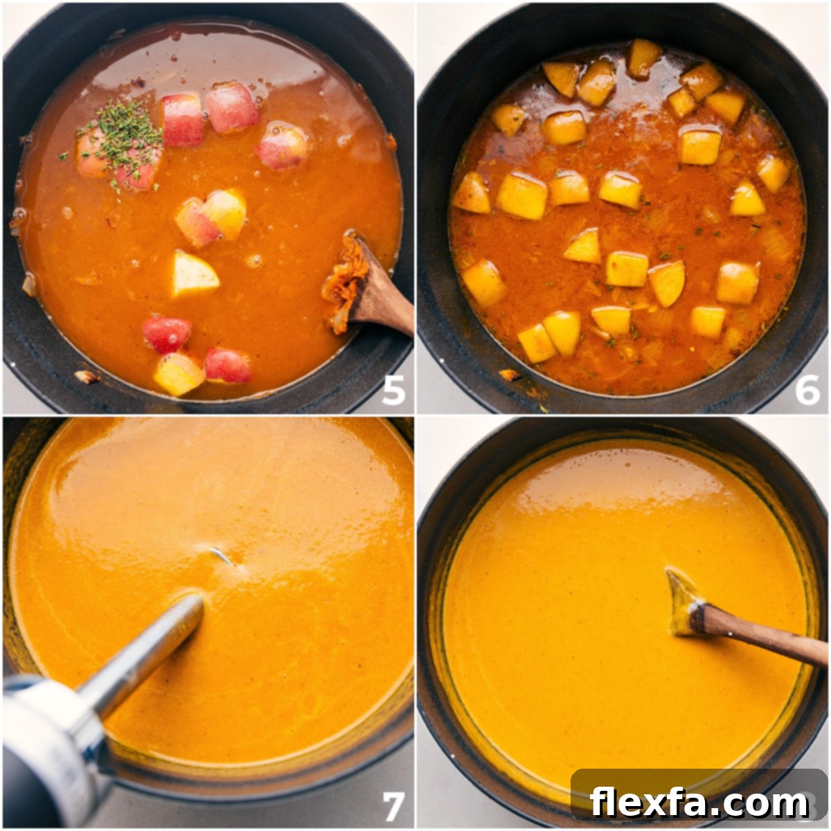After adding chicken stock and fresh thyme, blend the pumpkin soup mixture until it reaches a perfectly smooth and creamy consistency.