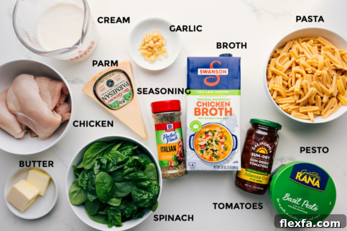 Key Ingredients for Marry Me Pasta All the ingredients prepped for easy assembly: pasta, pesto, tomatoes, broth, garlic, cream, Parmesan, seasonings, butter, spinach, and chicken.