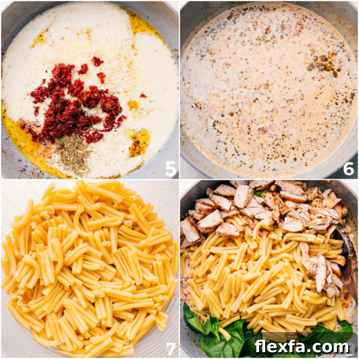 Simple and Delicious Marry Me Pasta Assembly Tomatoes, Parmesan, seasonings, and cream added to the sauce base, then combined with pasta, spinach, and chicken.