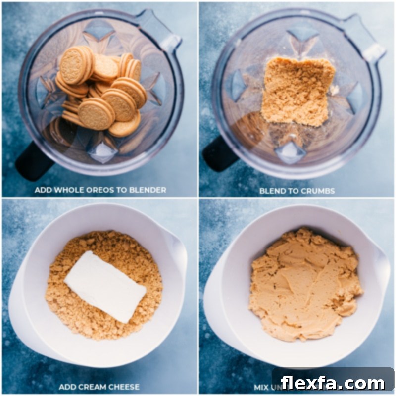 Process shots showing Golden Oreos being blended into fine crumbs, followed by cream cheese being added and mixed into a smooth dough.