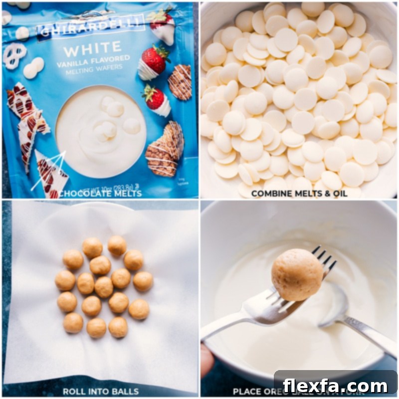 Process shots illustrating the melting of white chocolate in a microwave-safe bowl, ready for dipping the truffles.