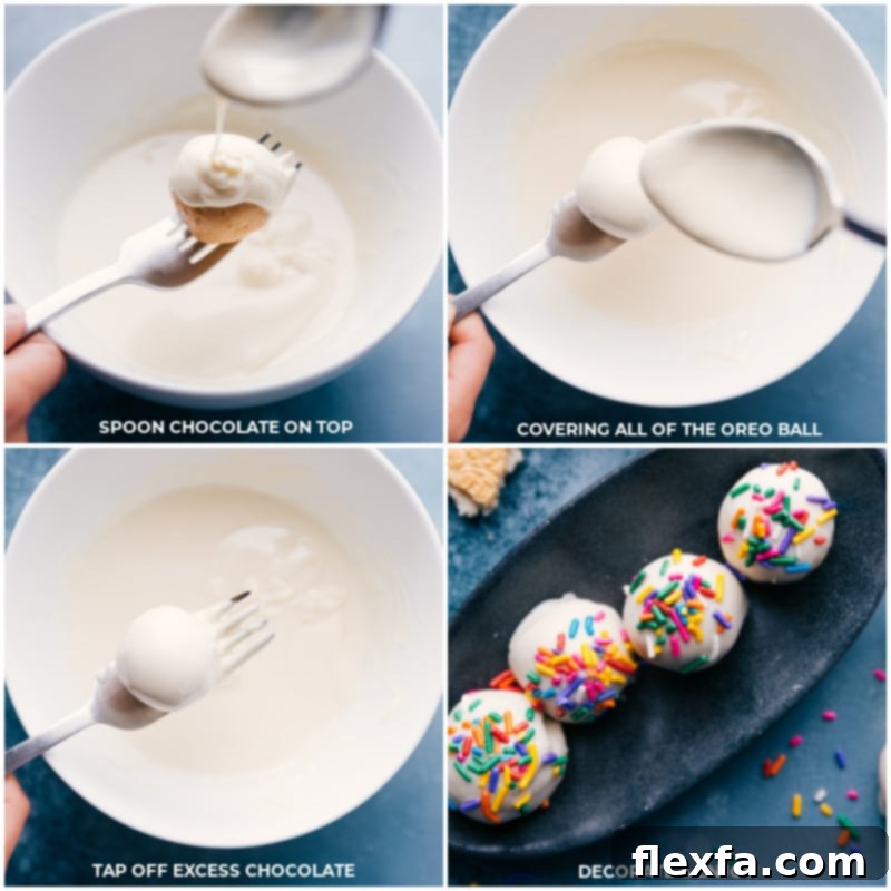 Process shots showing Golden Oreo Truffles being dipped in melted white chocolate, demonstrating the easy coating method.