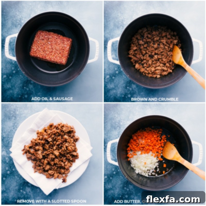 Process shots showing olive oil being added to a pot, then Italian sausage browning, followed by butter, diced onion, and carrots sautéing in the pot.