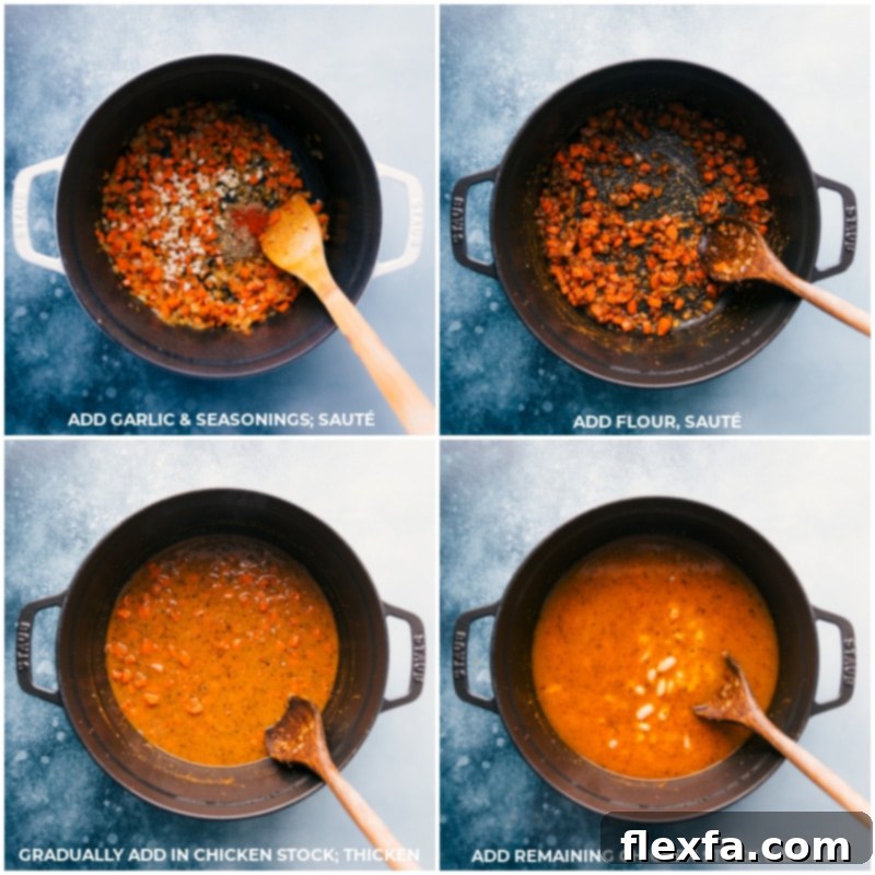 Process shots showing minced garlic, Italian seasoning, paprika, and flour being added to the sautéed vegetables, followed by chicken stock and cannellini beans.
