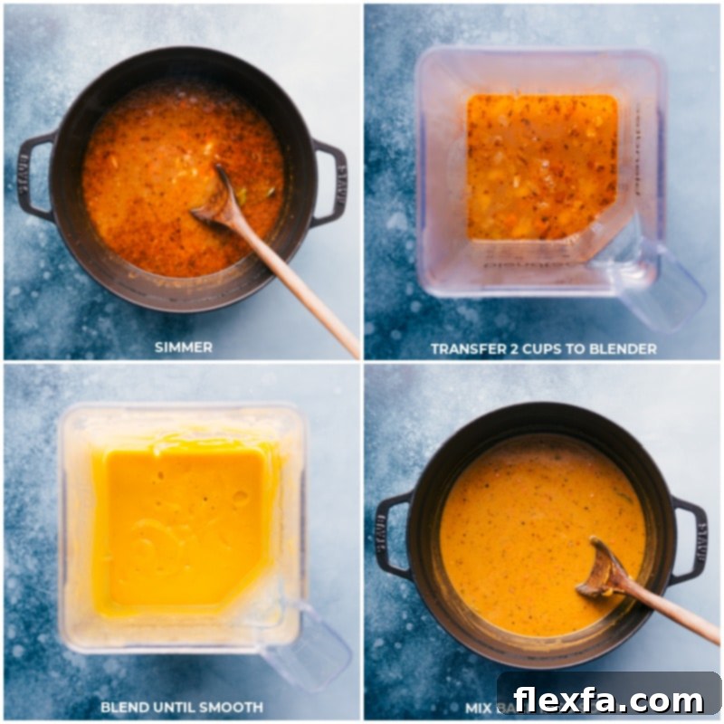 Process shots showing the soup simmering, a portion being transferred to a blender, and then poured back into the pot after blending for a creamy texture.